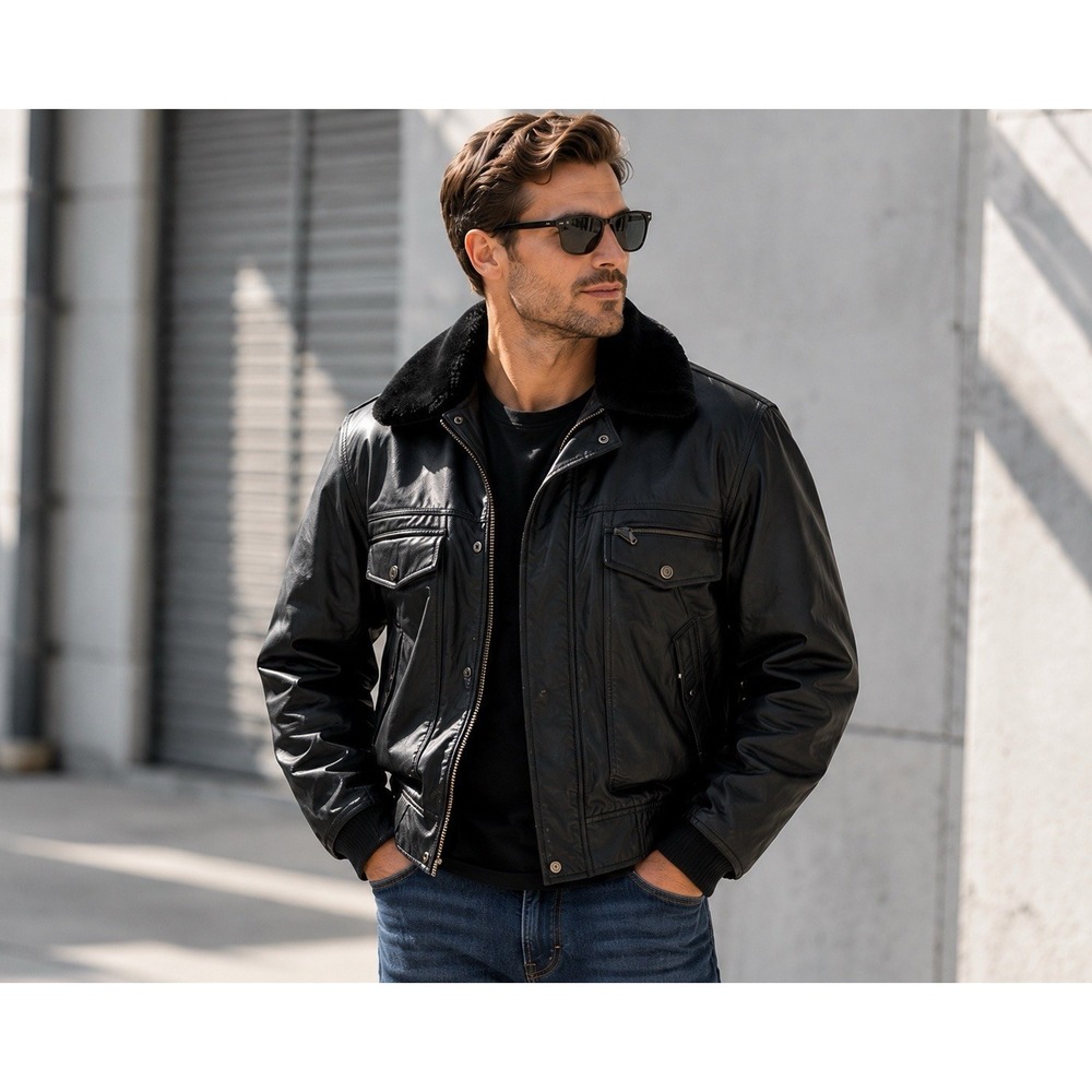 Phase 2 Vintage Black Leather Bomber Jacket Faux Fur Lined Mens Medium